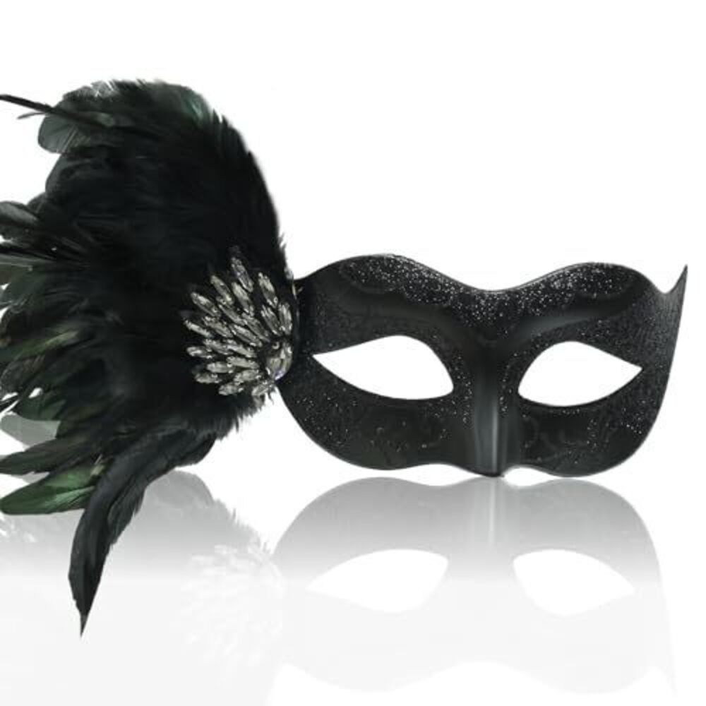 5102 Masquerade Mask with Stick, Shiny Feather Mardi Gras Venetian Mask